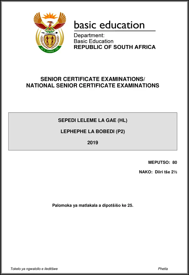 Grade 12 Sepedi past paper 2019 – sepedi hl p2 may june 2019 gr12
