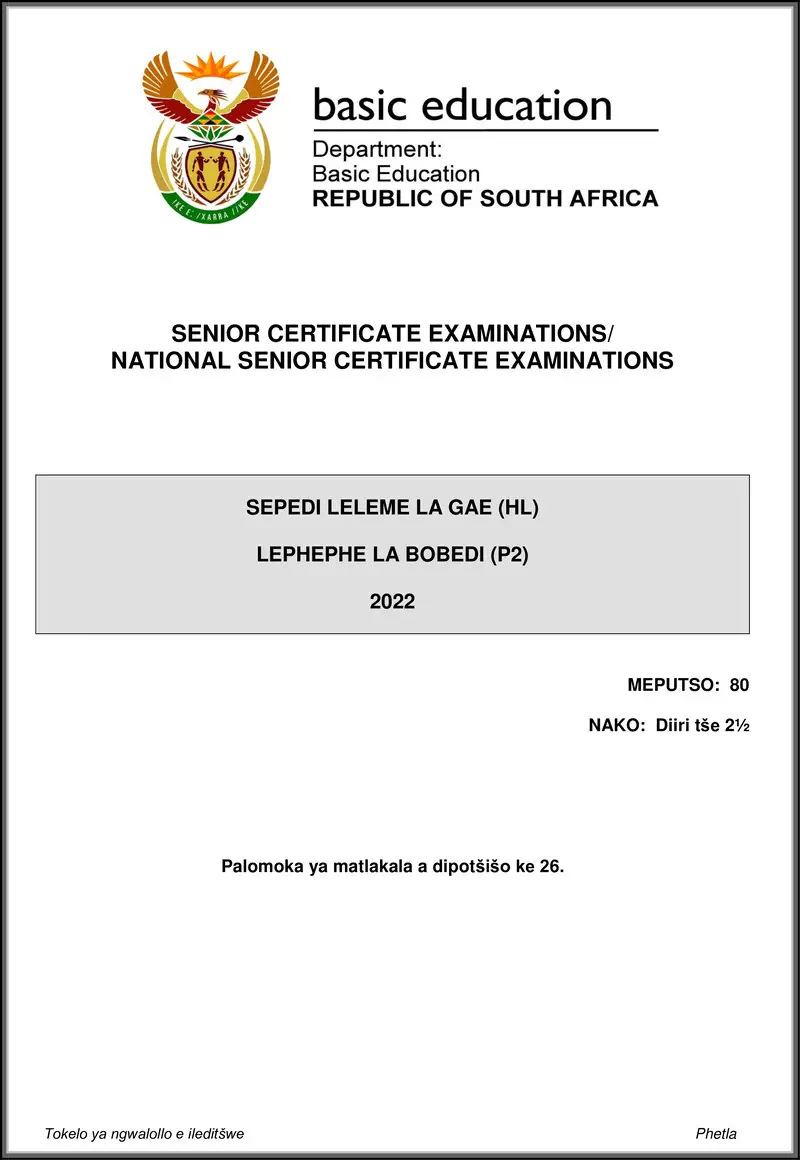 Grade 12 Sepedi past paper 2022 – sepedi hl p2 may june 2022 gr12