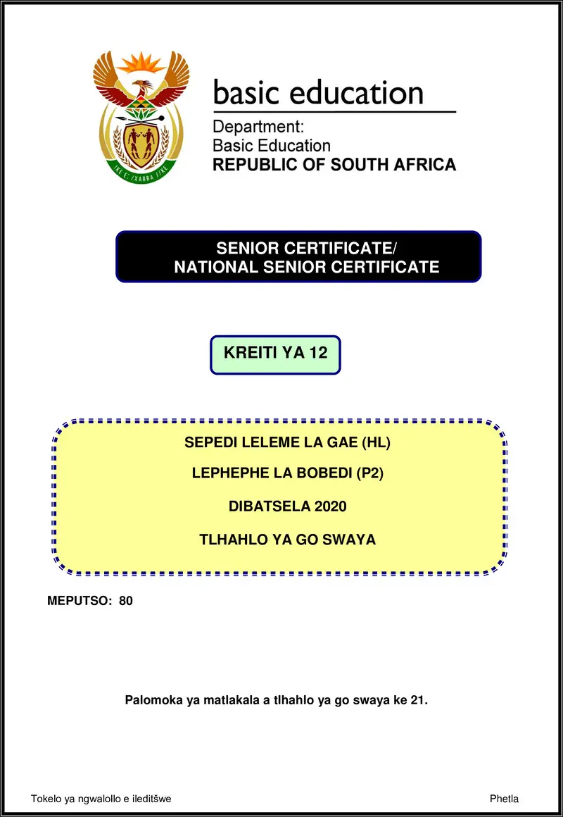 Grade 12 Sepedi past paper 2020 – sepedi hl p2 nov 2020 memo gr12