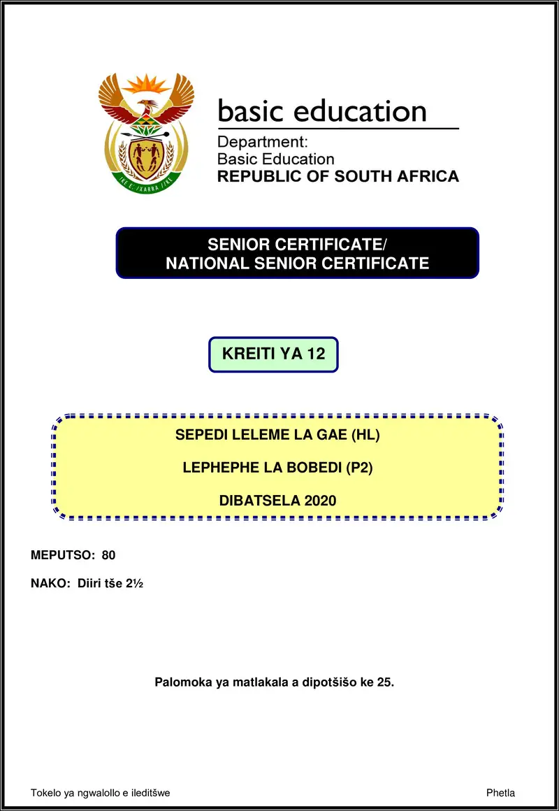 Grade 12 Sepedi past paper 2020 – sepedi hl p2 nov 2020 gr12