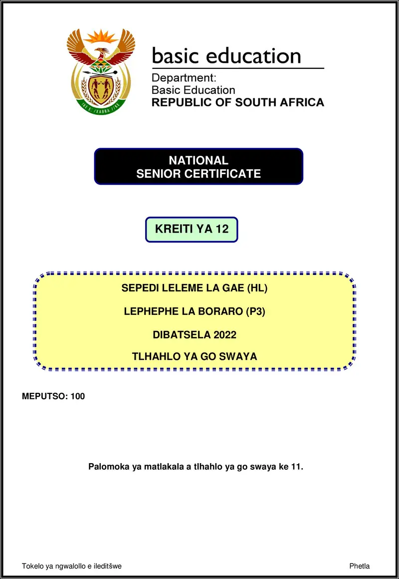 Grade 12 Sepedi past paper 2022 – sepedi hl p3 nov 2022 mg gr12
