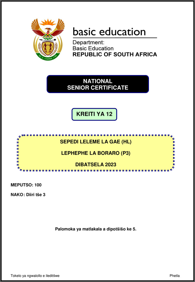 Grade 12 Sepedi past paper 2023 – sepedi hl p3 nov 2023 gr12