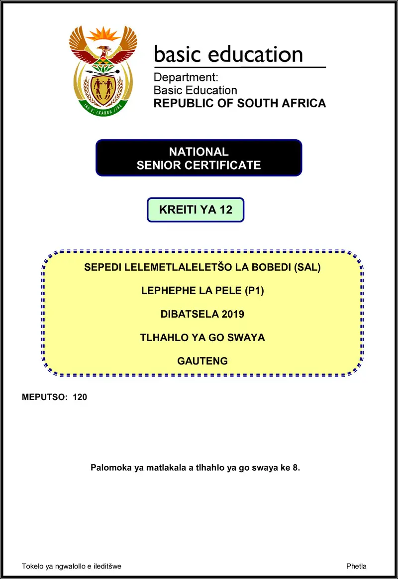 Grade 12 Sepedi past paper 2019 – sepedi sal p1 nov 2019 memo gauteng gr12