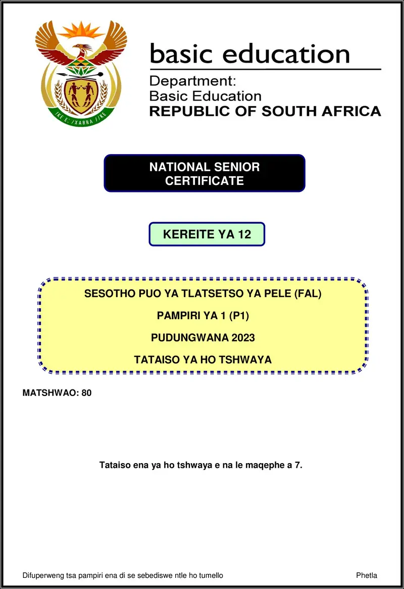 Grade 12 Sesotho past paper 2023 – sesotho fal p1 nov 2023 mg gr12