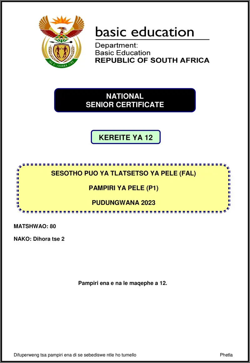 Grade 12 Sesotho past paper 2023 – sesotho fal p1 nov 2023 gr12