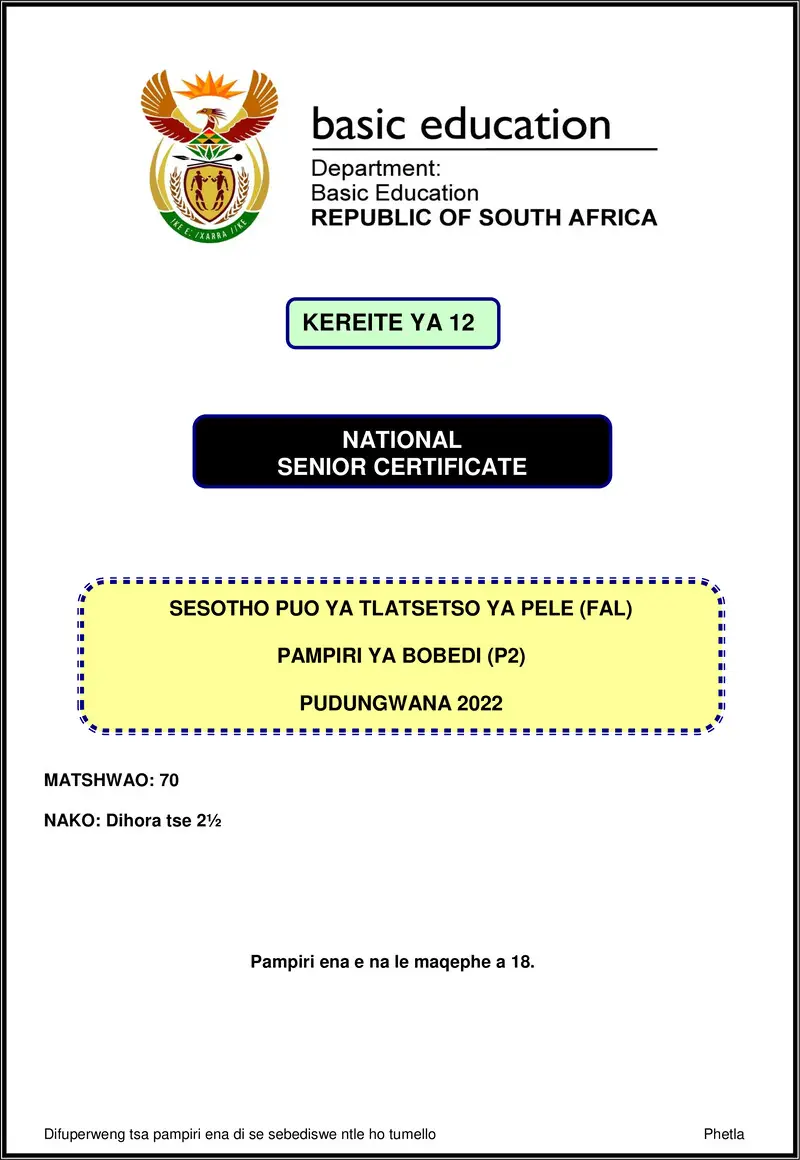 Grade 12 Sesotho past paper 2022 – sesotho fal p2 nov 2022 gr12