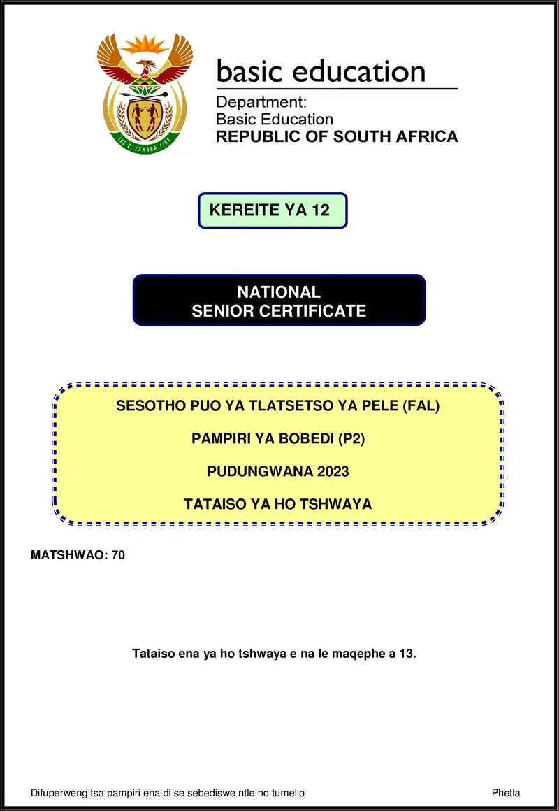 Grade 12 Sesotho past paper 2023 – sesotho fal p2 nov 2023 mg gr12