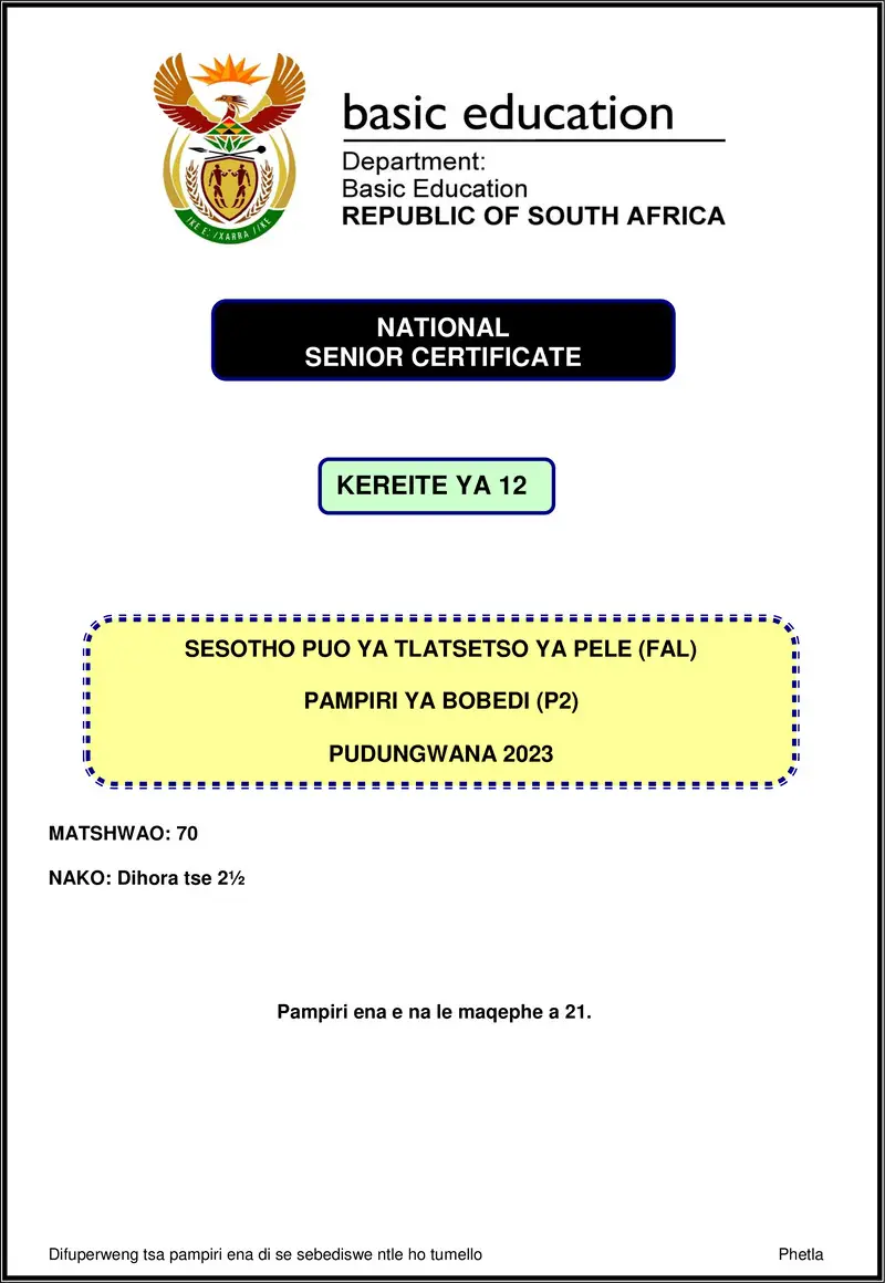 Grade 12 Sesotho past paper 2023 – sesotho fal p2 nov 2023 gr12