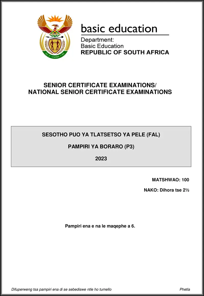 Grade 12 Sesotho past paper 2023 – sesotho fal p3 may june 2023 gr12