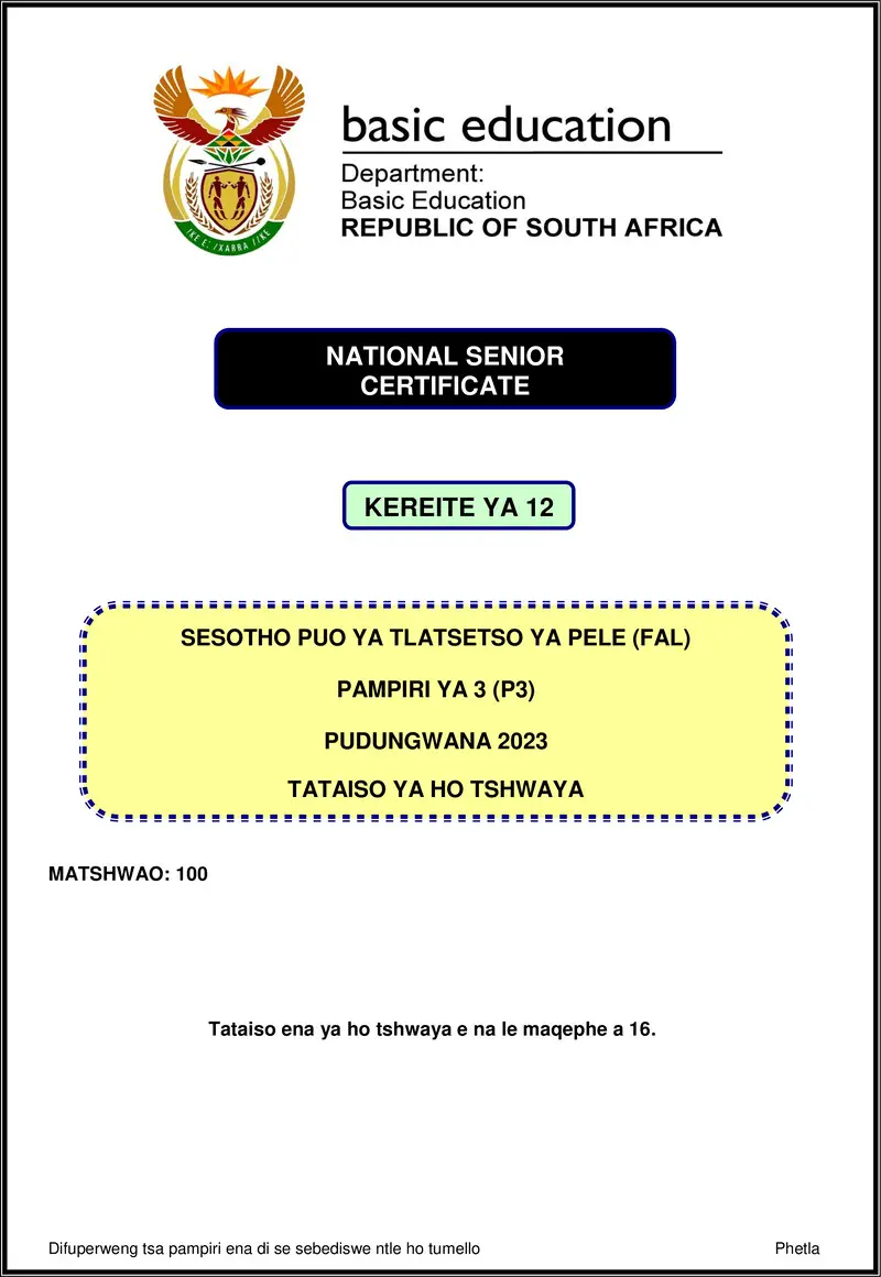 Grade 12 Sesotho past paper 2023 – sesotho fal p3 nov 2023 mg gr12