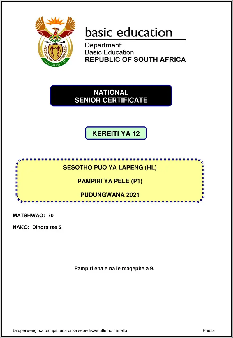 Grade 12 Sesotho past paper 2021 – sesotho hl p1 nov 2021 gr12
