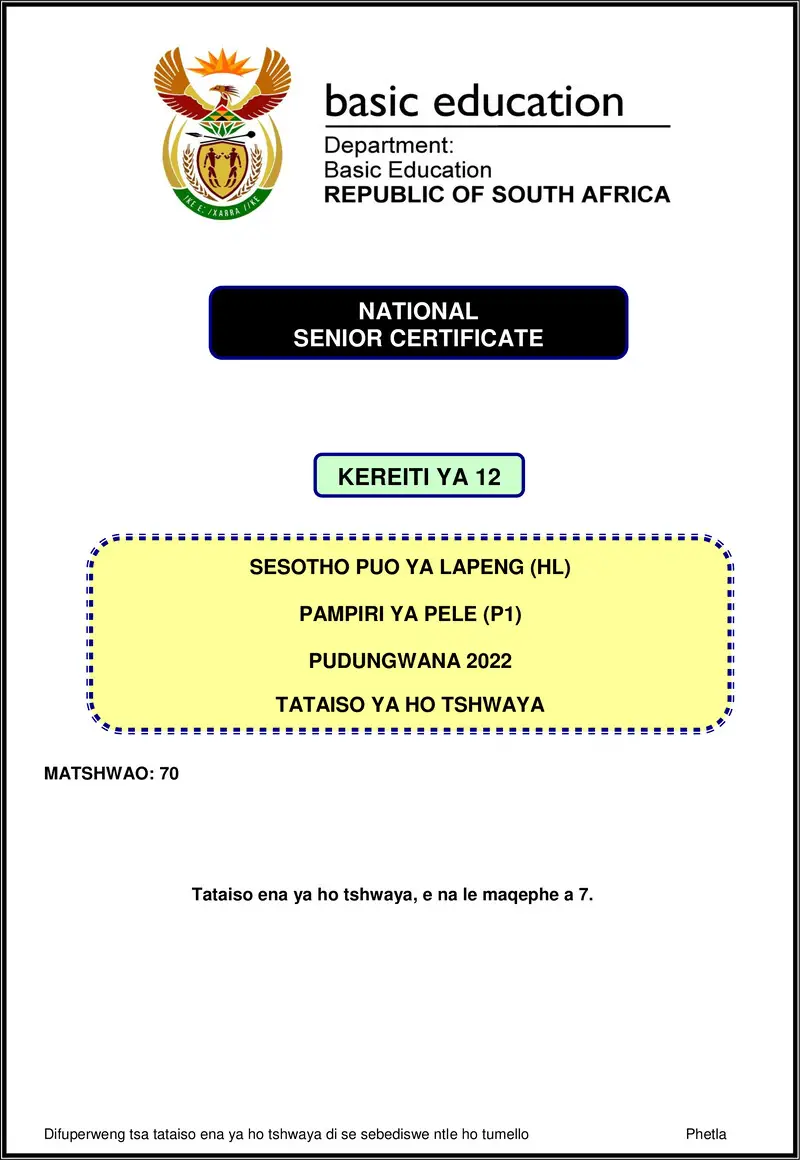 Grade 12 Sesotho past paper 2022 – sesotho hl p1 nov 2022 mg gr12