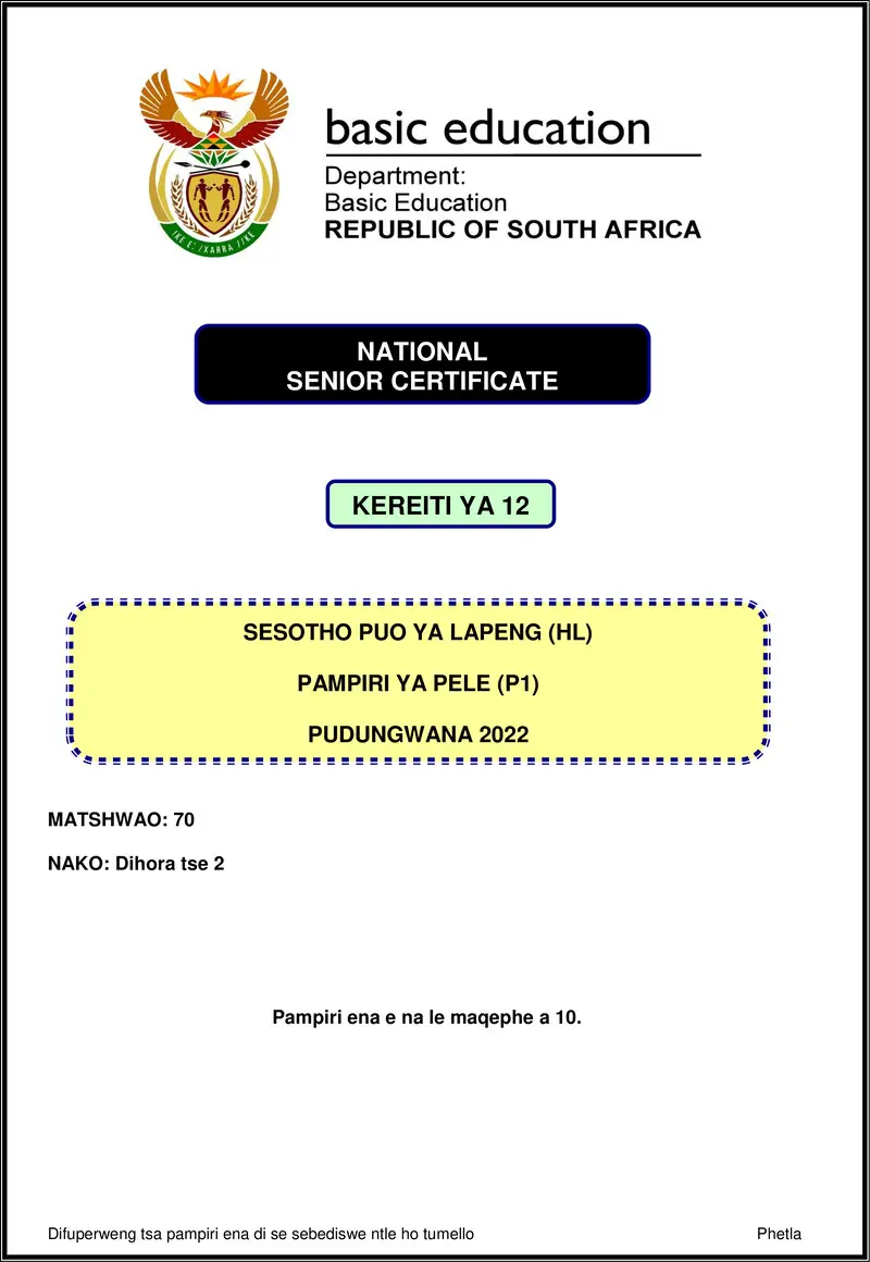 Grade 12 Sesotho past paper 2022 – sesotho hl p1 nov 2022 gr12