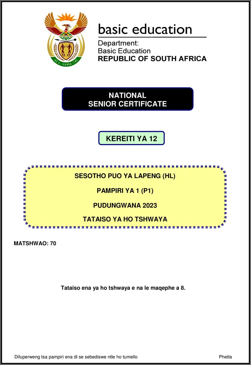 Grade 12 Sesotho past paper 2023 – sesotho hl p1 nov 2023 mg gr12