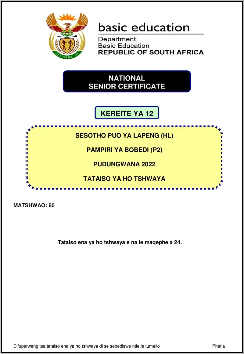 Grade 12 Sesotho past paper 2022 – sesotho hl p2 nov 2022 mg gr12