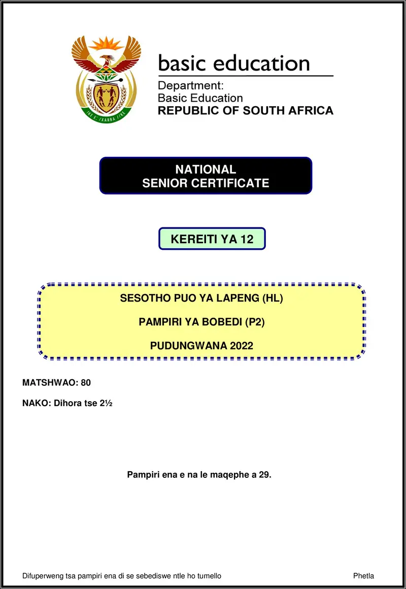 Grade 12 Sesotho past paper 2022 – sesotho hl p2 nov 2022 gr12