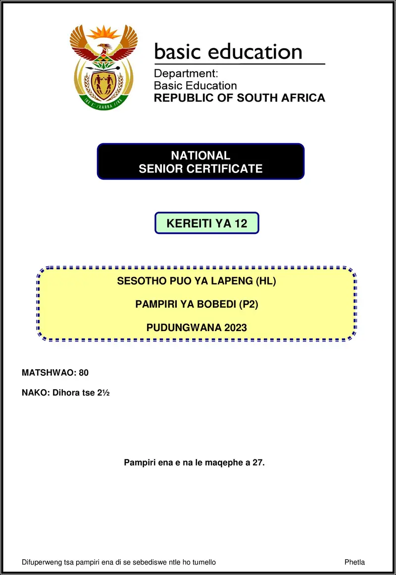 Grade 12 Sesotho past paper 2023 – sesotho hl p2 nov 2023 gr12