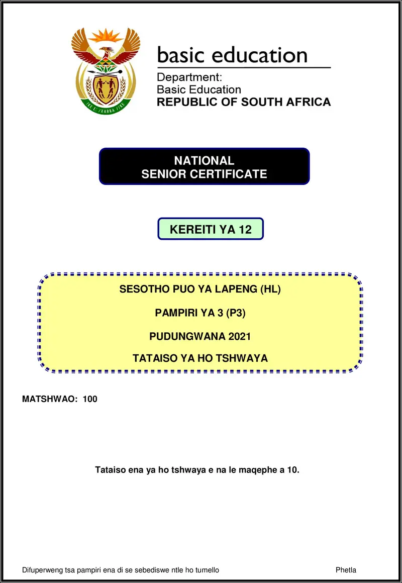 Grade 12 Sesotho past paper 2021 – sesotho hl p3 nov 2021 mg gr12