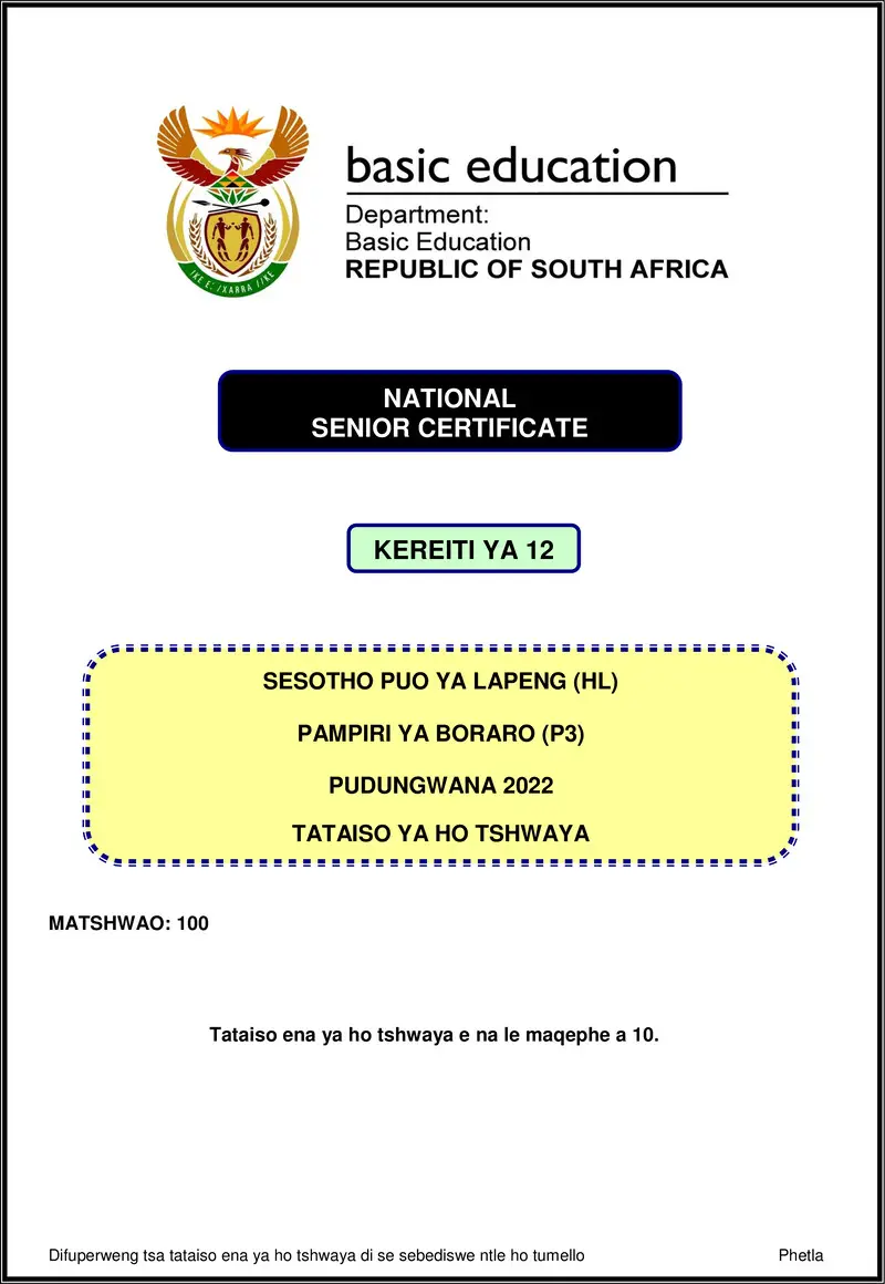 Grade 12 Sesotho past paper 2022 – sesotho hl p3 nov 2022 mg gr12