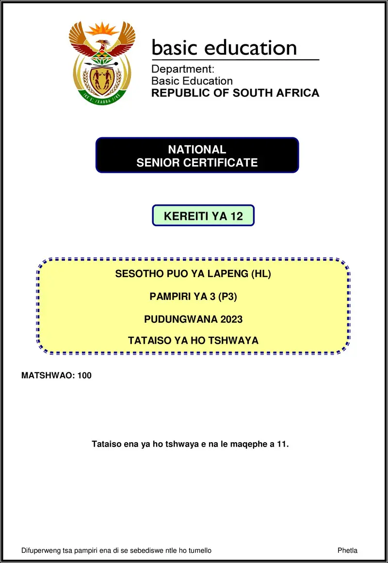 Grade 12 Sesotho past paper 2023 – sesotho hl p3 nov 2023 mg gr12