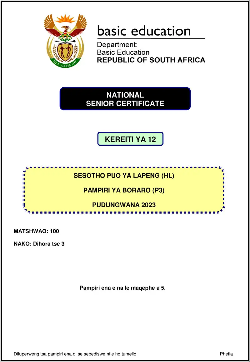 Grade 12 Sesotho past paper 2023 – sesotho hl p3 nov 2023 gr12