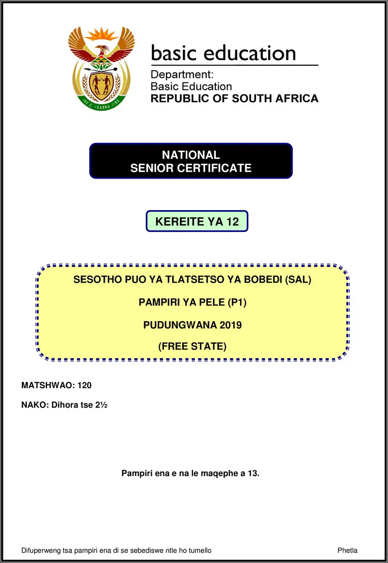 Grade 12 Sesotho past paper 2019 – sesotho sal p1 nov 2019 free state gr12