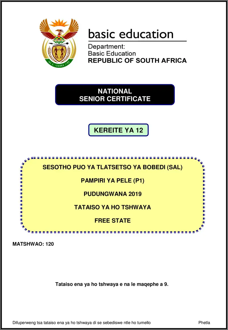 Grade 12 Sesotho past paper 2019 – sesotho sal p1 nov 2019 memo free state gr12