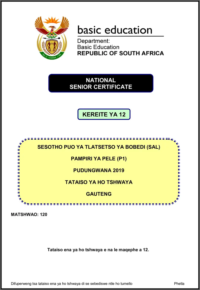 Grade 12 Sesotho past paper 2019 – sesotho sal p1 nov 2019 memo gauteng gr12