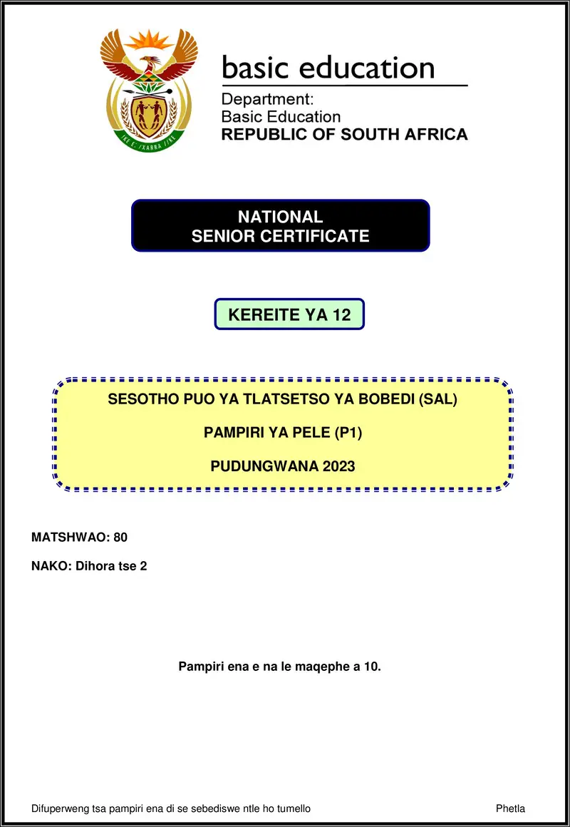 Grade 12 Sesotho past paper 2023 – sesotho sal p1 nov 2023 gr12