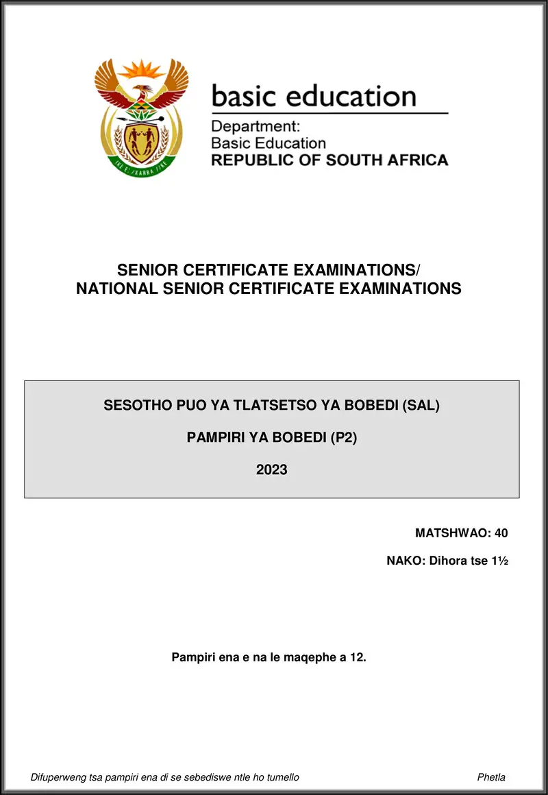 Grade 12 Sesotho past paper 2023 – sesotho sal p2 may june 2023 gr12