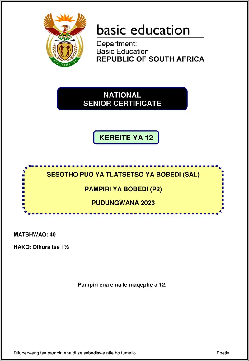 Grade 12 Sesotho past paper 2023 – sesotho sal p2 nov 2023 gr12