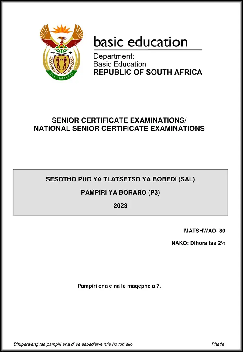 Grade 12 Sesotho past paper 2023 – sesotho sal p3 may june 2023 gr12