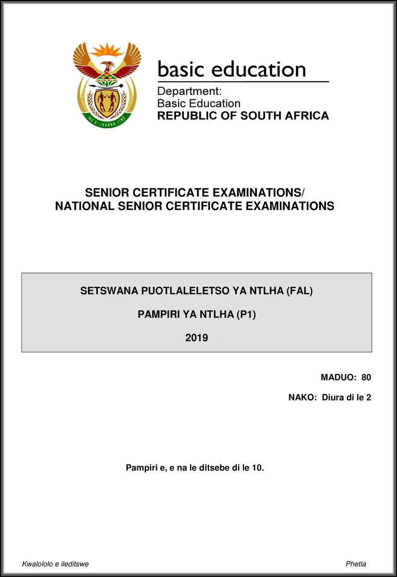 Grade 12 Setswana past paper 2019 – setswana fal p1 may june 2019 gr12