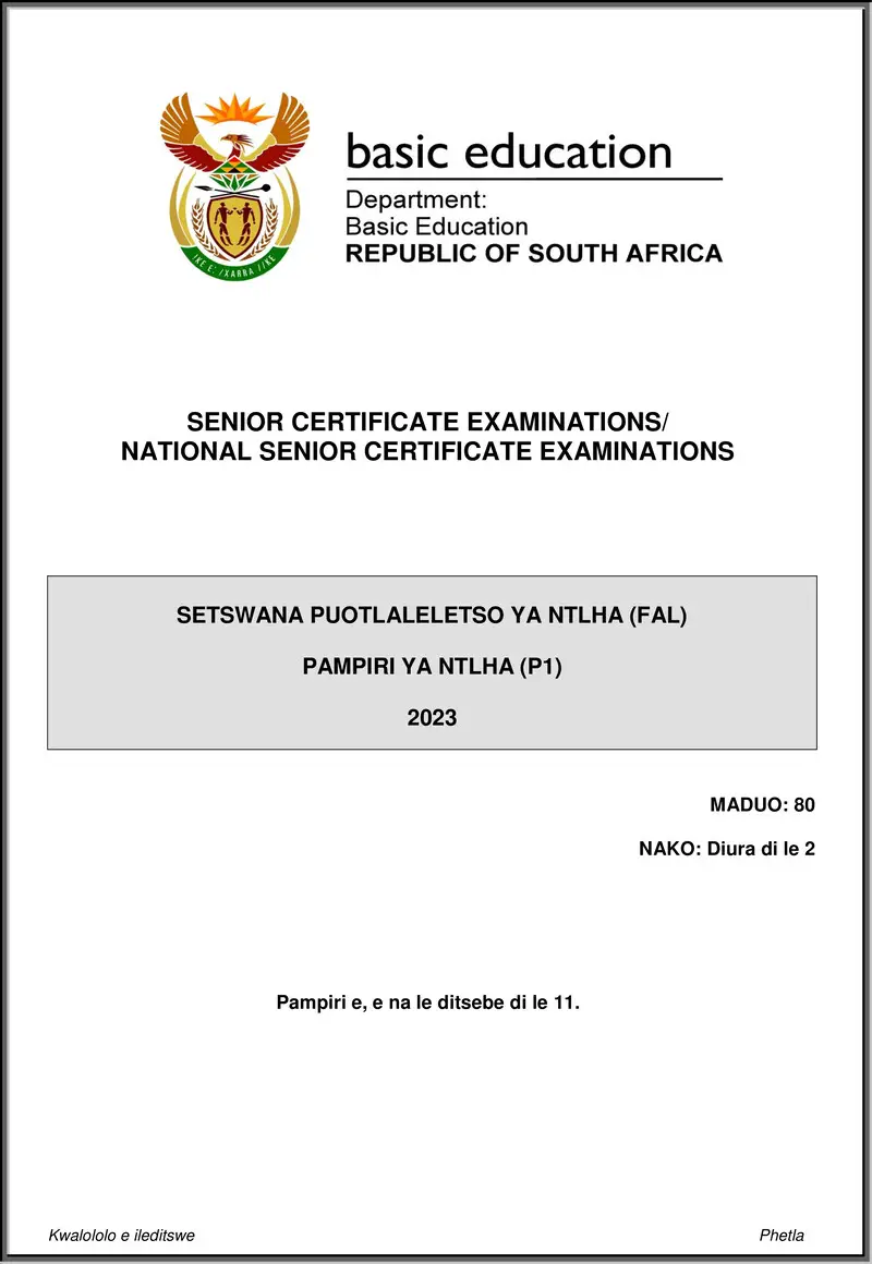 Grade 12 Setswana past paper 2023 – setswana fal p1 may june 2023 gr12
