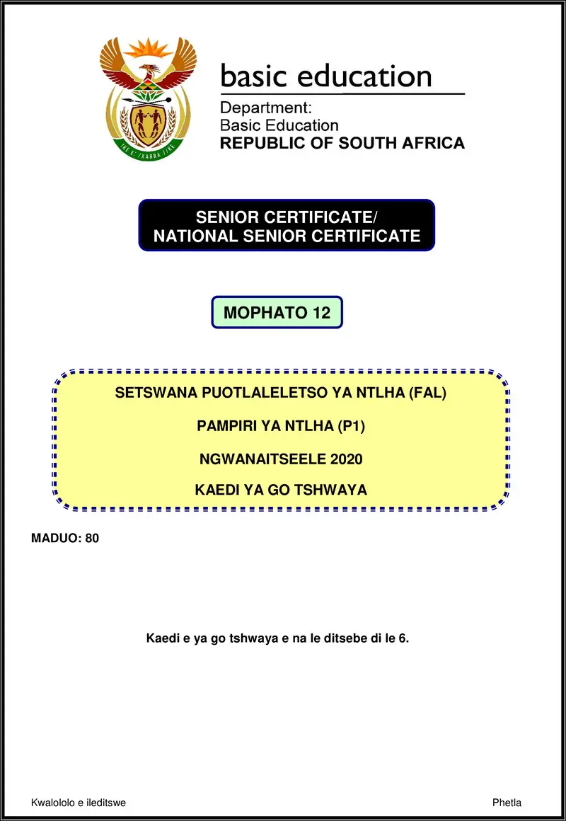 Grade 12 Setswana past paper 2020 – setswana fal p1 nov 2020 memo gr12