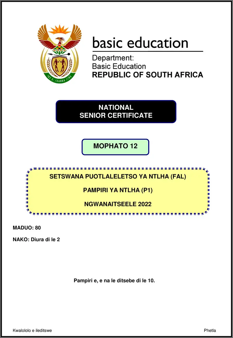 Grade 12 Setswana past paper 2022 – setswana fal p1 nov 2022 gr12