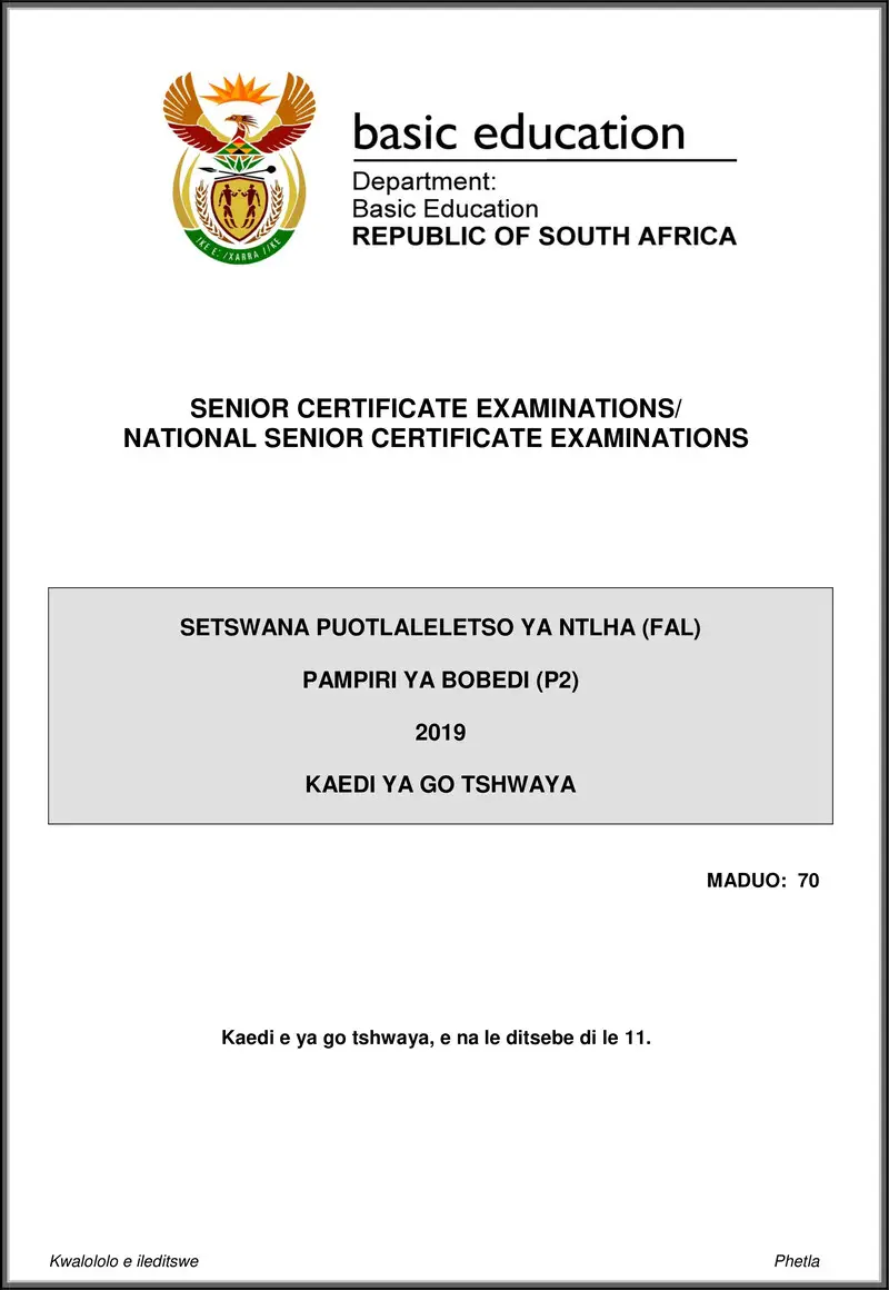Grade 12 Setswana past paper 2019 – setswana fal p2 may june 2019 memo gr12