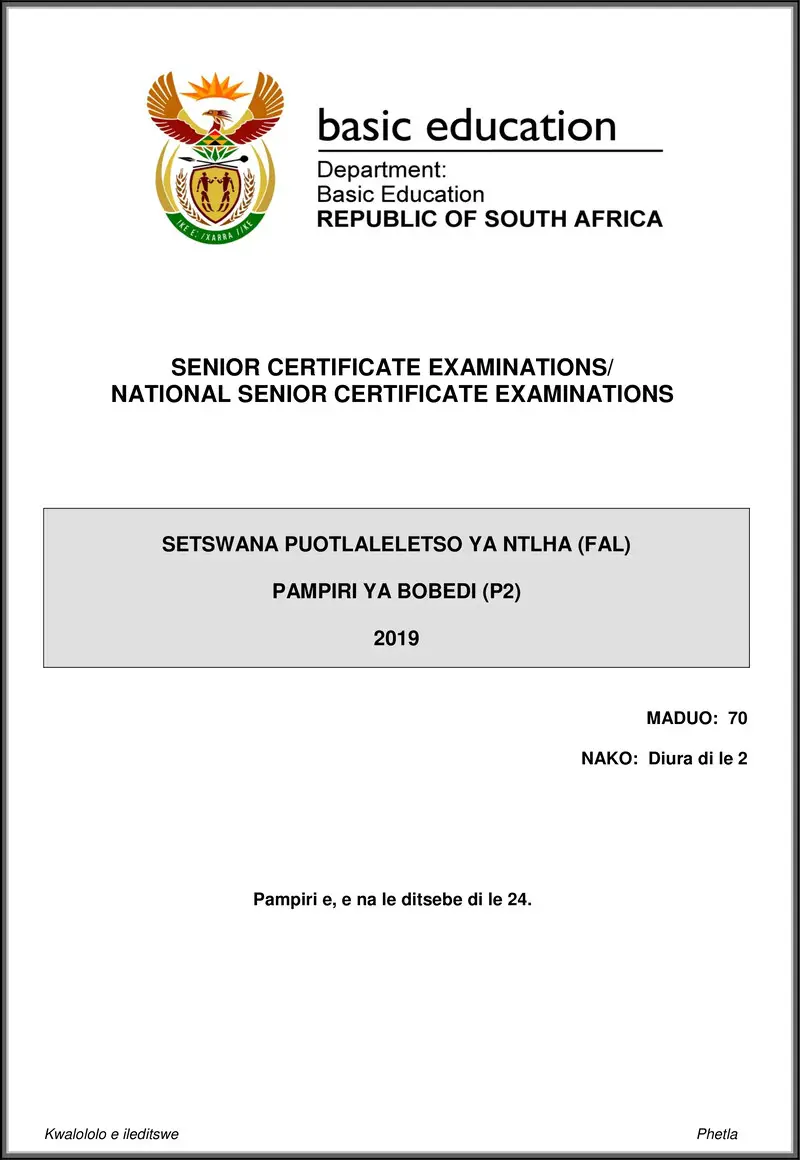 Grade 12 Setswana past paper 2019 – setswana fal p2 may june 2019 gr12
