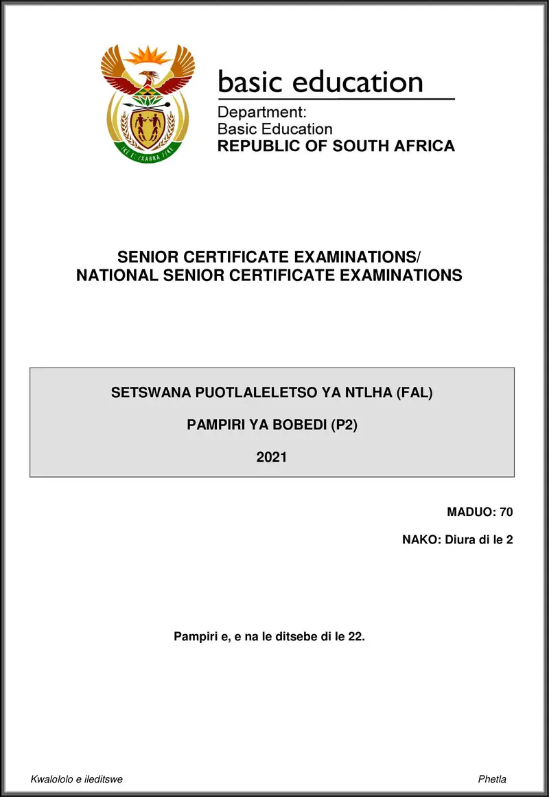Grade 12 Setswana past paper 2021 – setswana fal p2 may june 2021 gr12