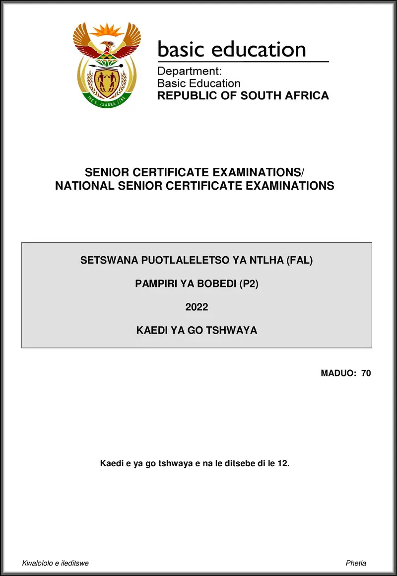 Grade 12 Setswana past paper 2022 – setswana fal p2 may june 2022 mg gr12