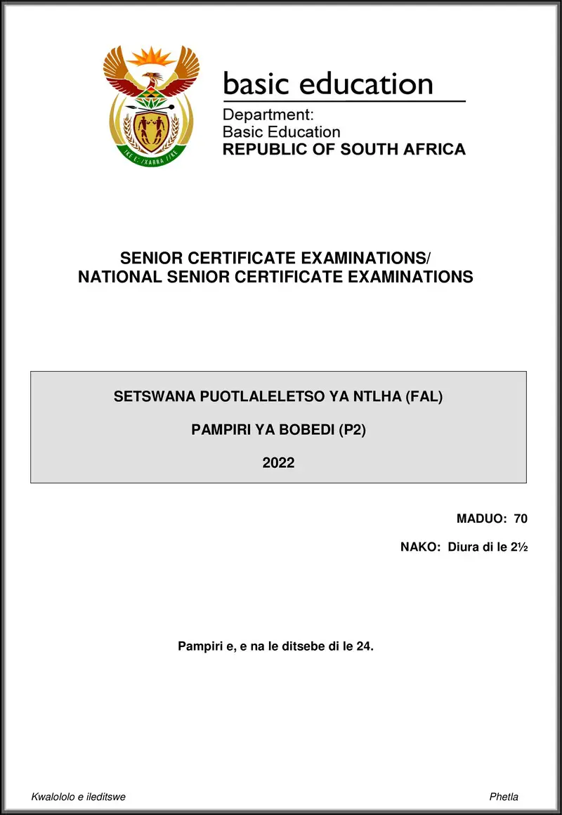 Grade 12 Setswana past paper 2022 – setswana fal p2 may june 2022 gr12