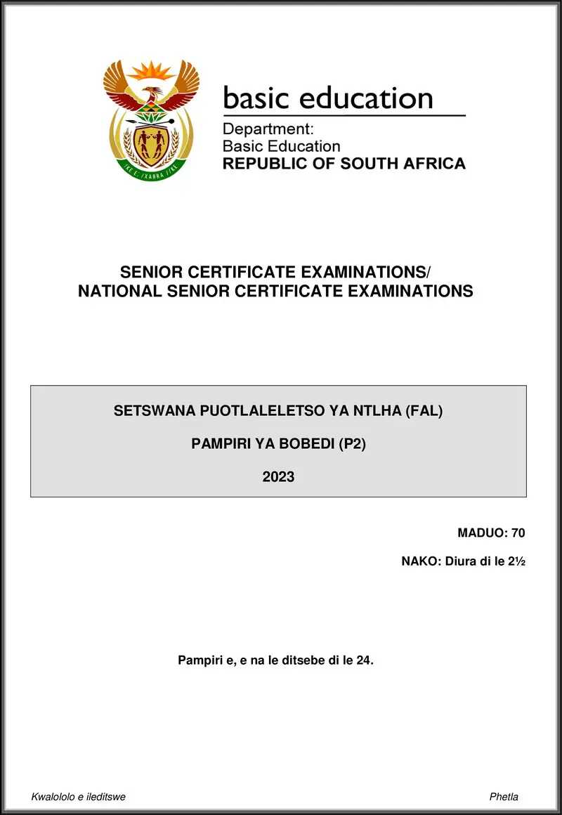 Grade 12 Setswana past paper 2023 – setswana fal p2 may june 2023 gr12