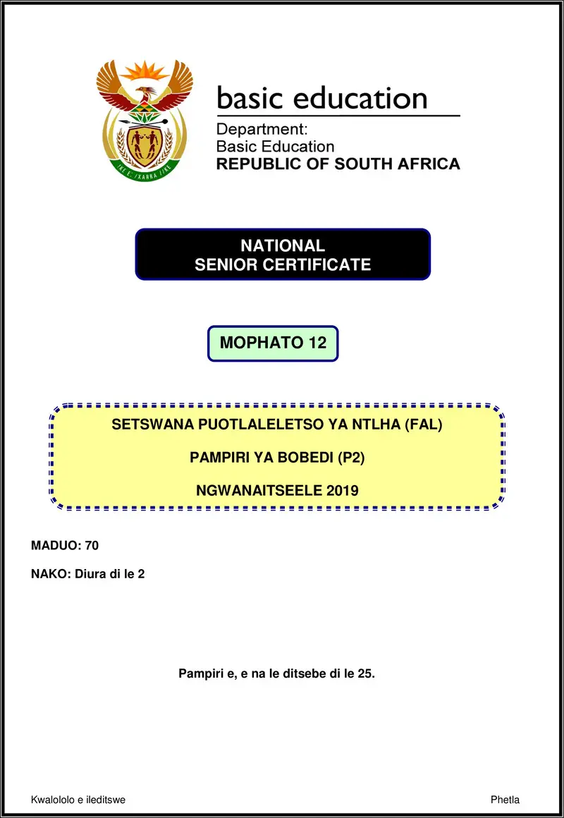 Grade 12 Setswana past paper 2019 – setswana fal p2 nov 2019 gr12