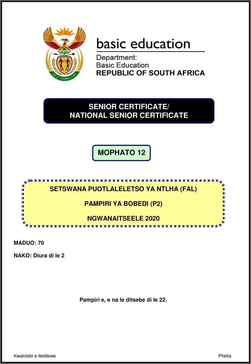 Grade 12 Setswana past paper 2020 – setswana fal p2 nov 2020 gr12