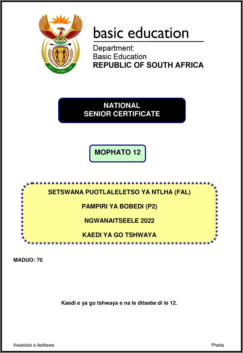 Grade 12 Setswana past paper 2022 – setswana fal p2 nov 2022 mg gr12