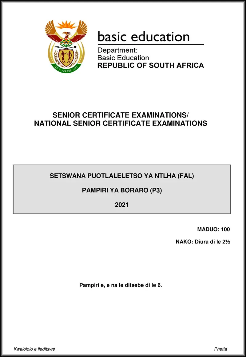 Grade 12 Setswana past paper 2021 – setswana fal p3 may june 2021 gr12
