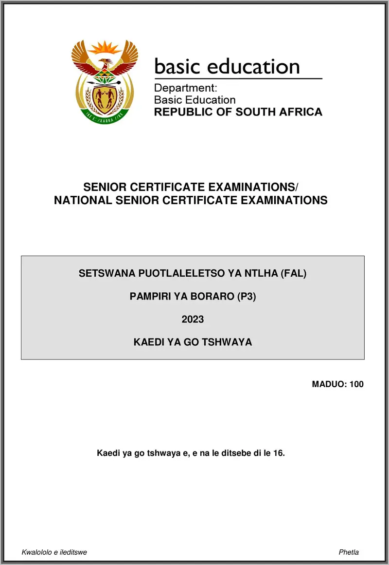 Grade 12 Setswana past paper 2023 – setswana fal p3 may june 2023 mg gr12
