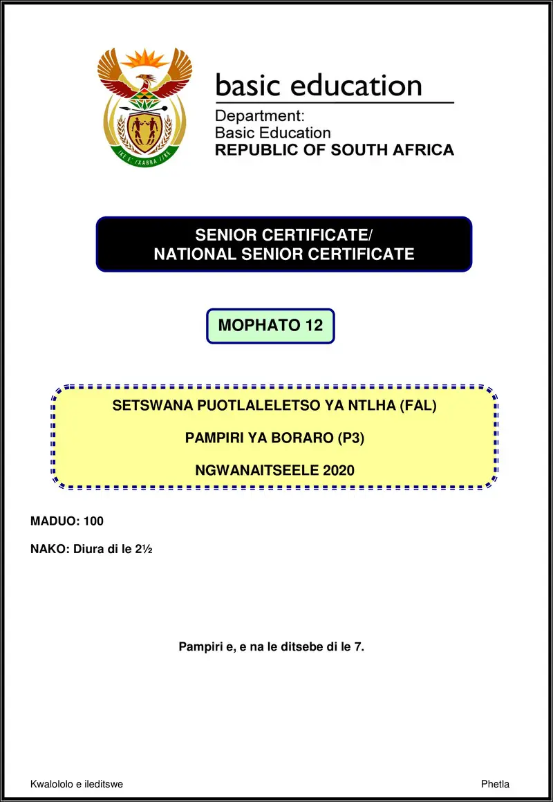 Grade 12 Setswana past paper 2020 – setswana fal p3 nov 2020 gr12
