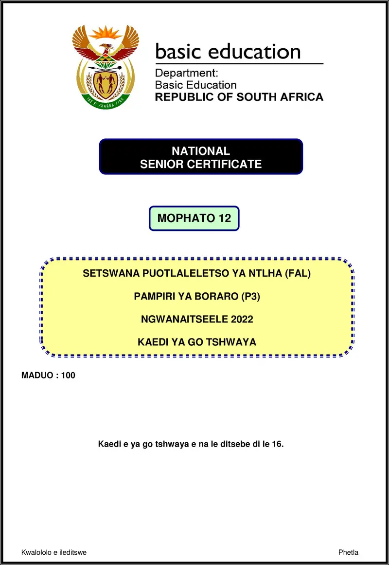Grade 12 Setswana past paper 2022 – setswana fal p3 nov 2022 mg gr12