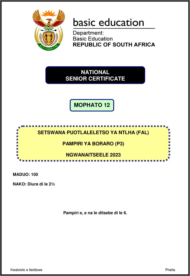 Grade 12 Setswana past paper 2023 – setswana fal p3 nov 2023 gr12